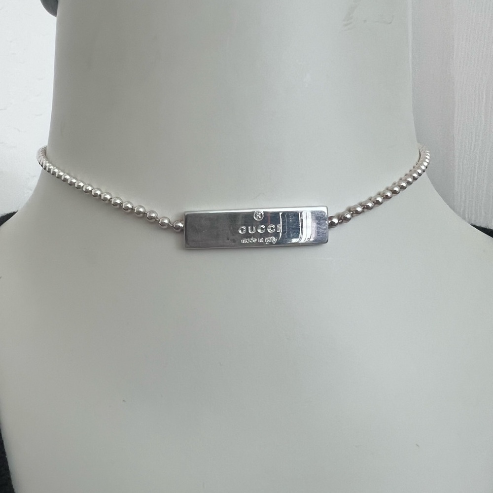 Gucci Logo Plate Ball Chain Necklace Sterling Silver